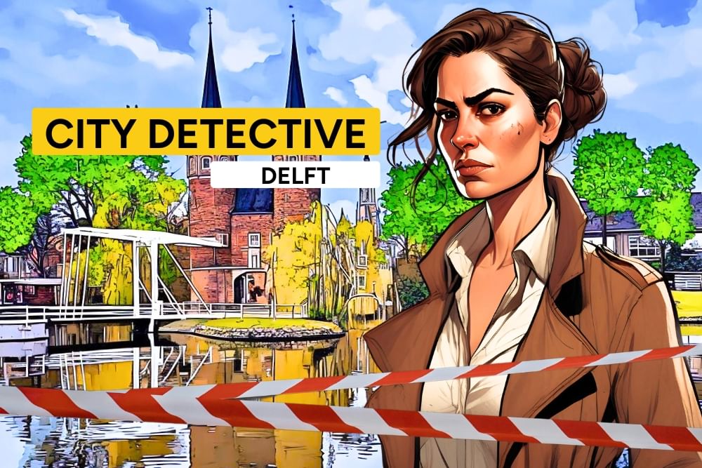 The introduction cover photo of the Delft Scavenger Hunt City Detective by Qugato. Game character Camila introduces herself.