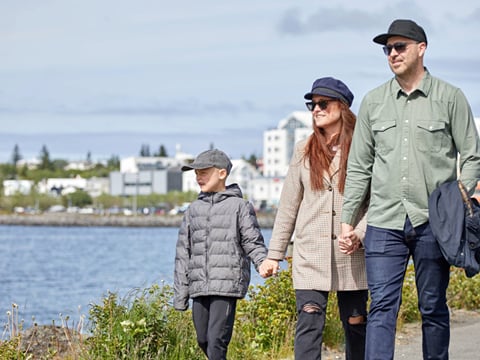 Small group walking through a town