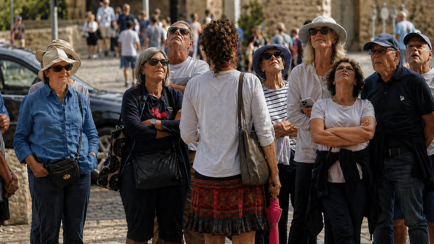 Group of tourists listening attentively to a tour guide during a walking tour in Valencia, Spain