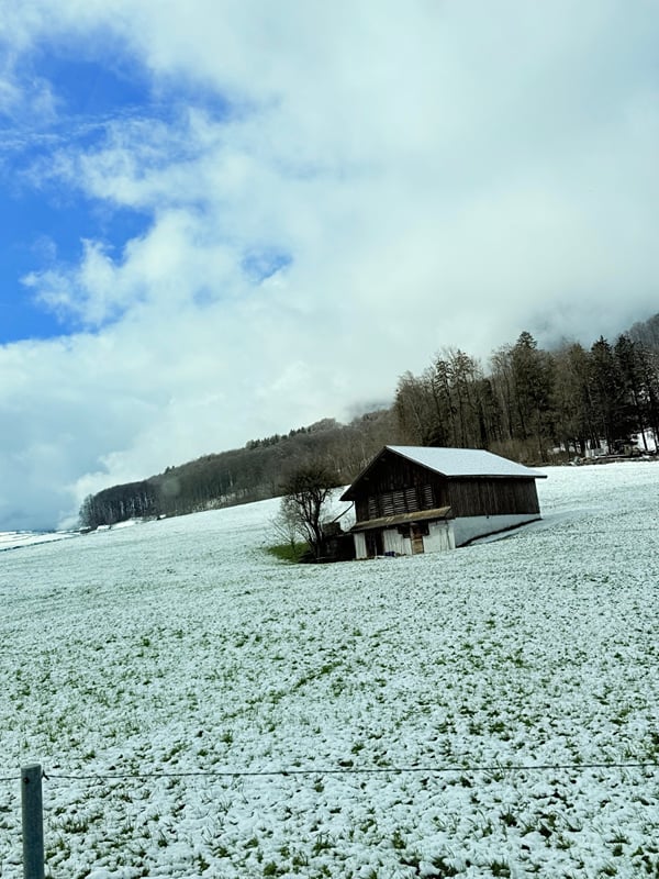Uma cabana de madeira na neve, no vale do Sernf, a caminho de Elm.