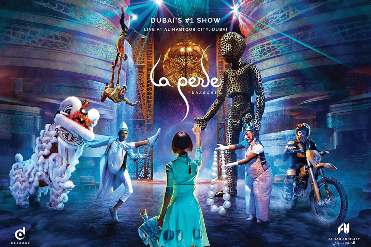 Stage performance of La Perle Show in Dubai featuring acrobatics and special effects