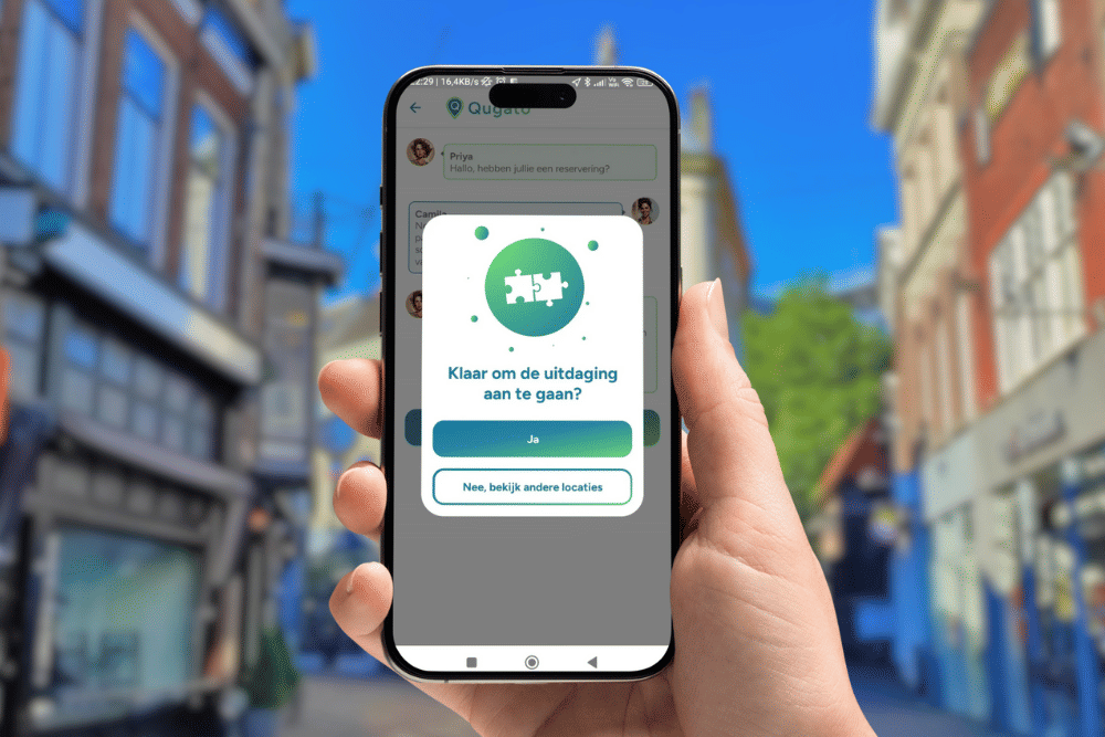 Phone showing the app interface of the Zwolle City Detective game in front of Museum de Fundatie.