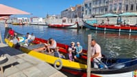 Guests seated in traditional moliceiro boat on Aveiro canal near colorful buildings