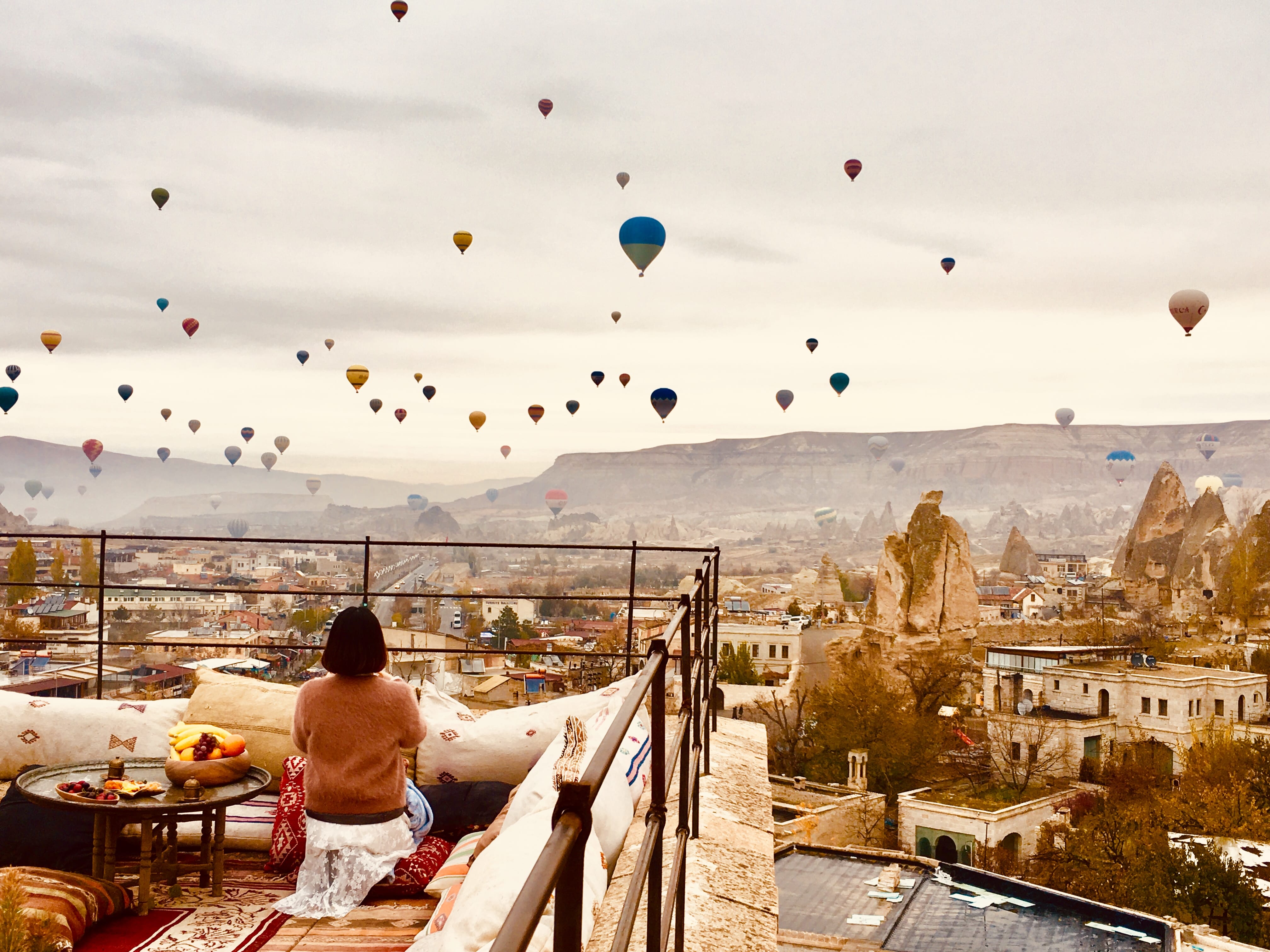Hot air ballon view from hotel in Cappadocia