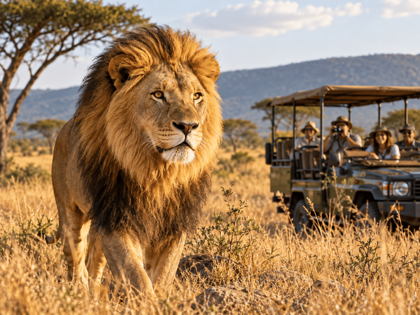 Male African lion walking through golden grass near an open safari vehicle with tourists on a guided wildlife safari in South Africa.