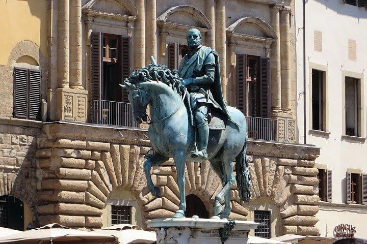 View of the bronze equestrian statue of Cosimo I de' Medici in Signoria Square