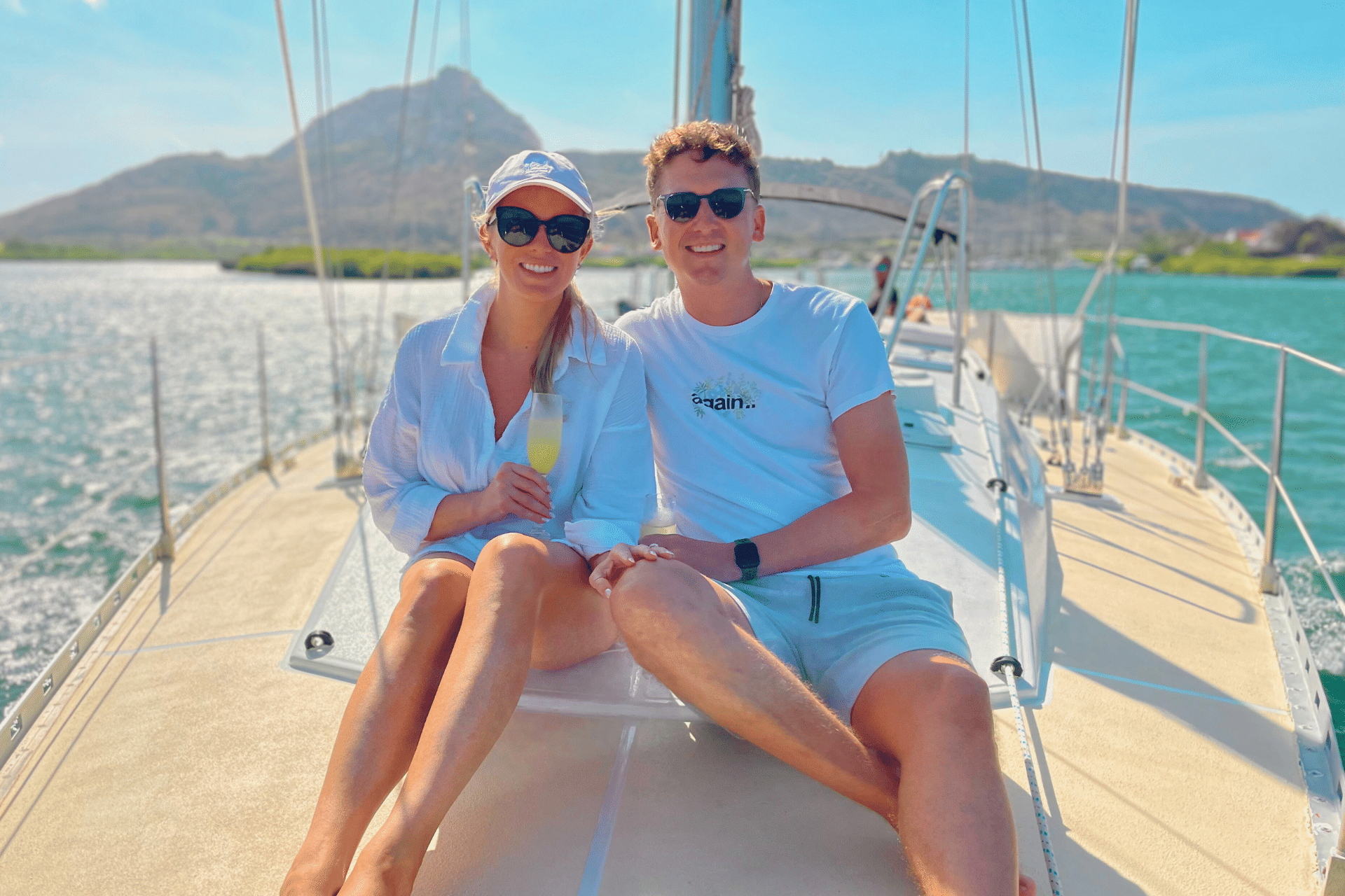 Romantic couple enjoying private sunset cruise in Curacao with Maxie Sailing