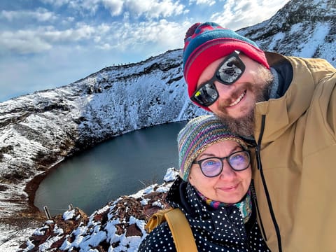 Kerið in winter with Kiki and Mom