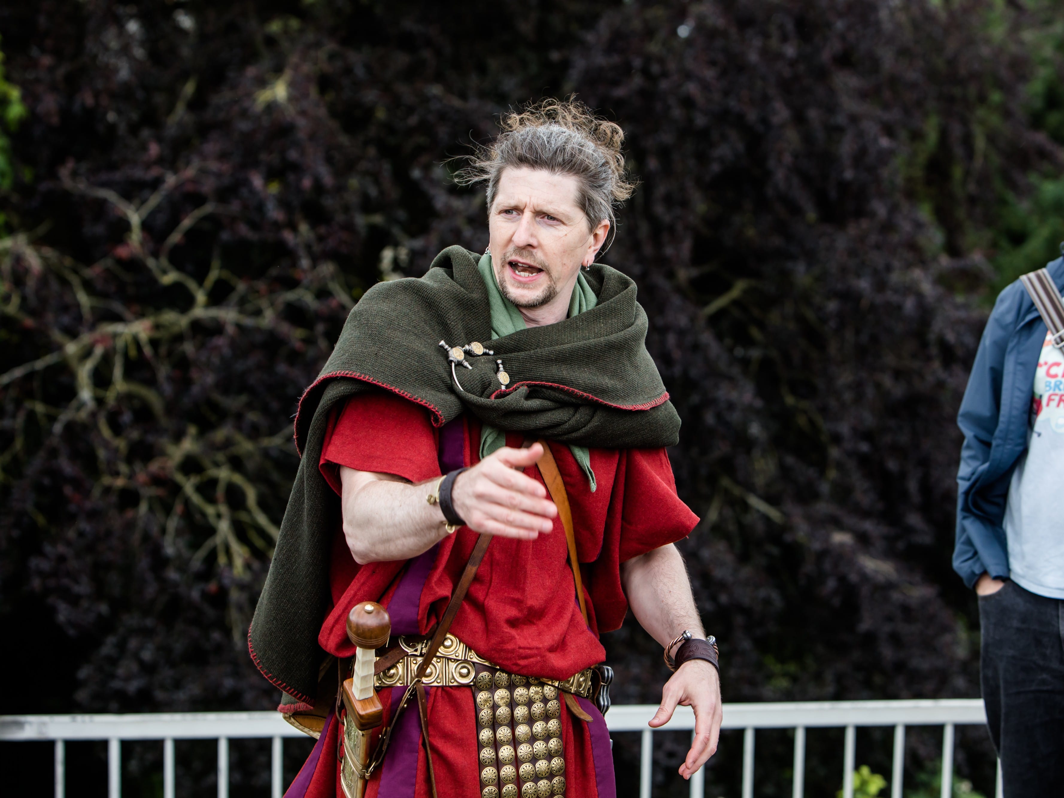 A Roman soldier stands before some brooding, but lush, dark leaves upon the medieval city walls. 