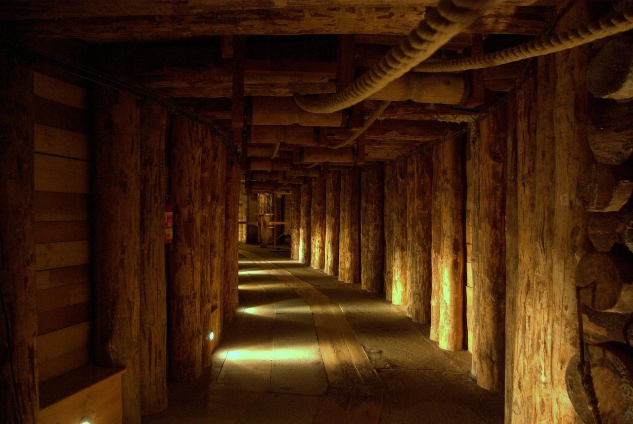 Wooden-lined underground corridor along the Wieliczka Salt Mine tourist route
