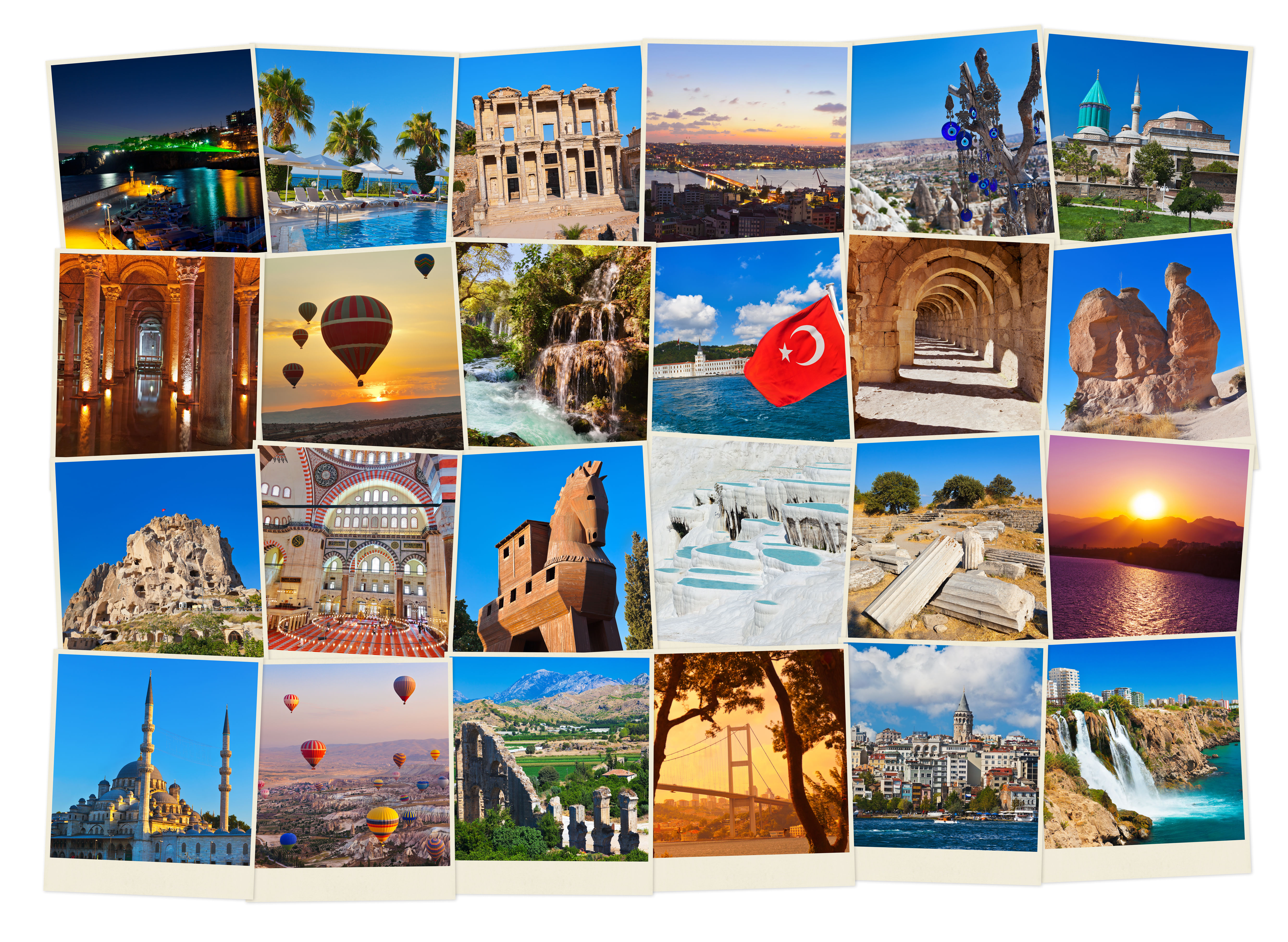 “Collage of Türkiye travel highlights featuring Istanbul’s Blue Mosque and Hagia Sophia, colorful Grand Bazaar stalls, fairy chimneys of Cap