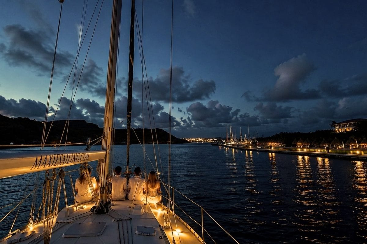 Sailing yacht Galaxie at blue hour sailing along St Barbara Beach