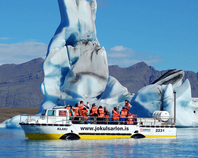 Sailing in-between the icebergs at Glacier Lagoon Iceland
