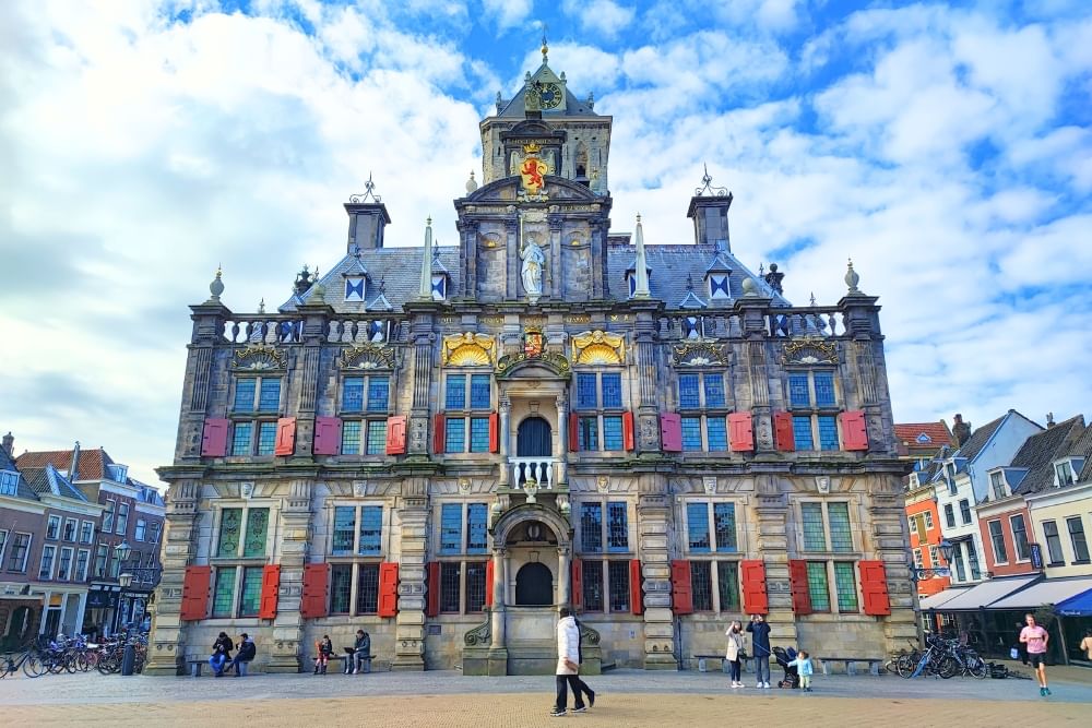 View of Stadhuis at the Markt along the route of the Delft scavenger hunt City Detective. 