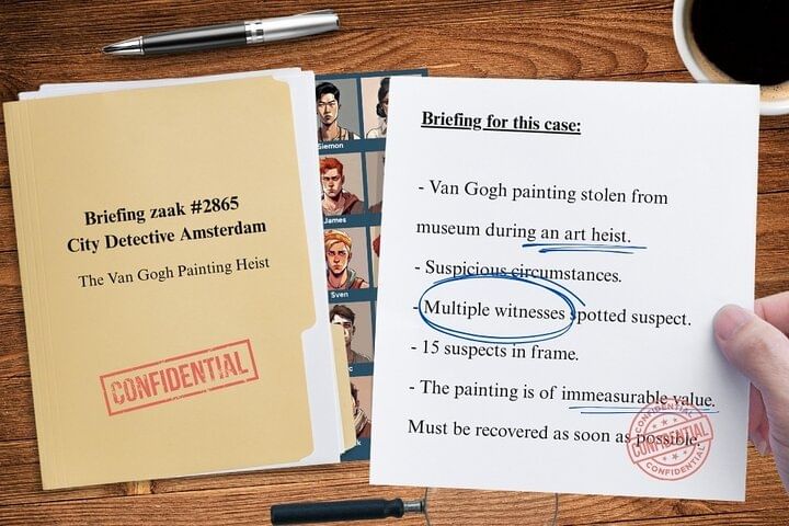 Dossier style briefing of the Amsterdam scavenger hunt City Detective by Qugato