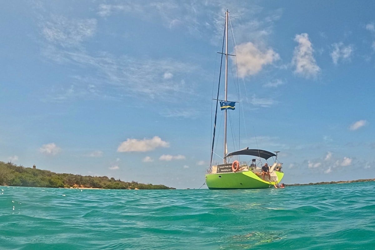 Sailing yacht Galaxie anchored at beautiful Fuik Bay in Curacao