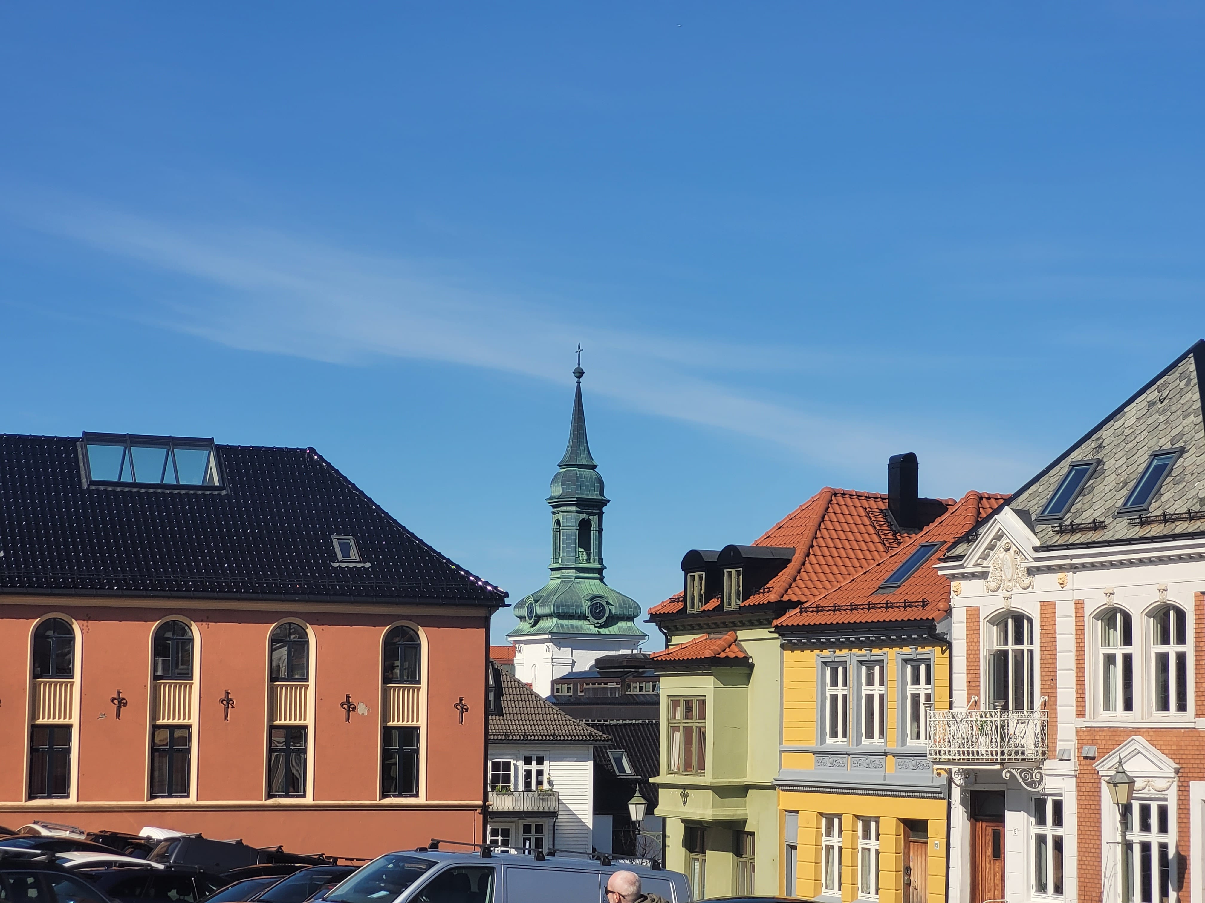 Colorful Bergen houses and church tower, illustrating city photography on the photowalk.