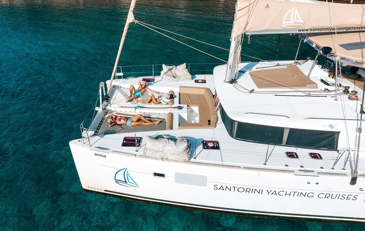 Santorini Luxury Catamaran Cruise, with Lunch, BBQ, drinks and transfers