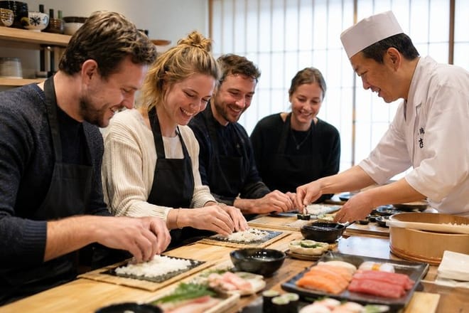 Sushi being prepared at the counter