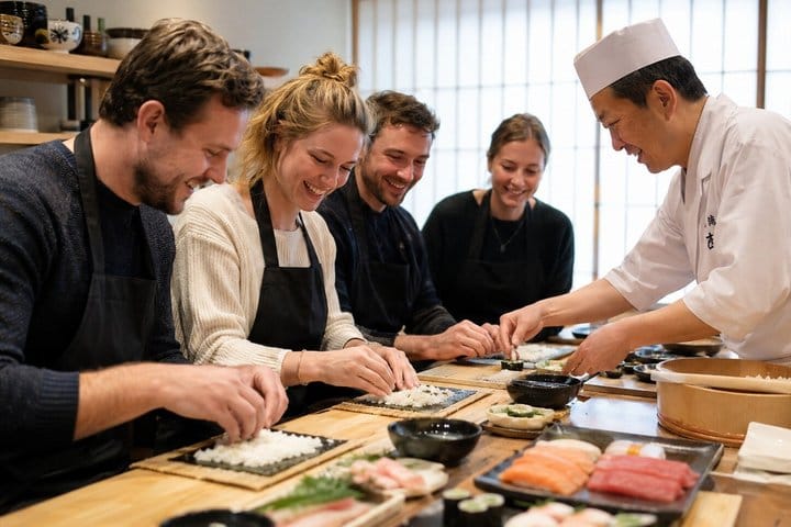 Sushi prepared at the counter with a chef