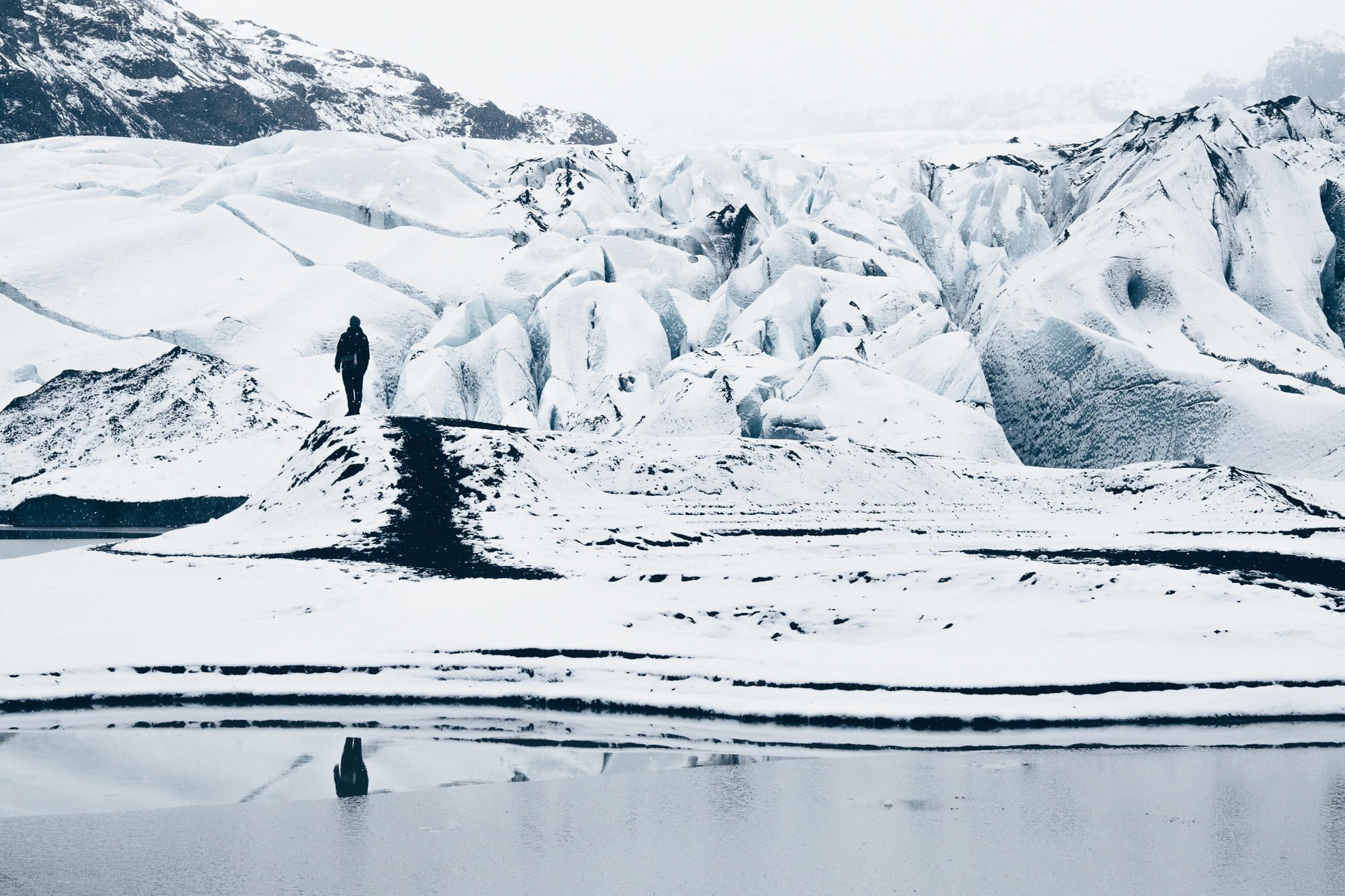 Walking towards Sólheimajökull glacier in new fallen snow