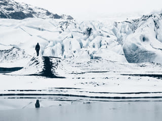 Walking towards Sólheimajökull glacier in new fallen snow