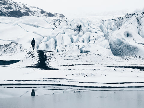 Walking towards Sólheimajökull glacier in new fallen snow