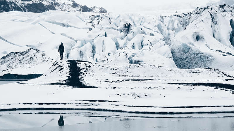 Walking towards Sólheimajökull glacier in new fallen snow