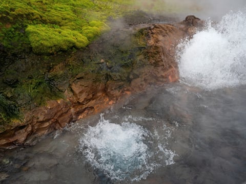 Close aerial view of Deildartunguhver geothermal hot spring, with boiling water splashing over rust-colored volcanic rock surrounded by vivi
