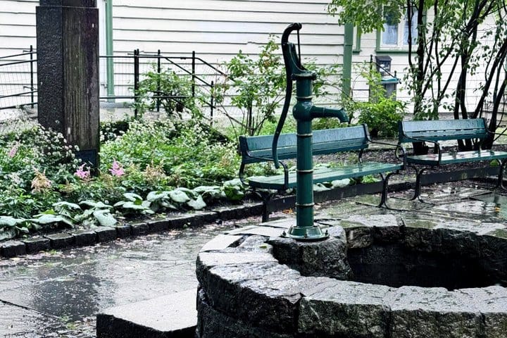 Old hand pump and benches in a rain-soaked garden