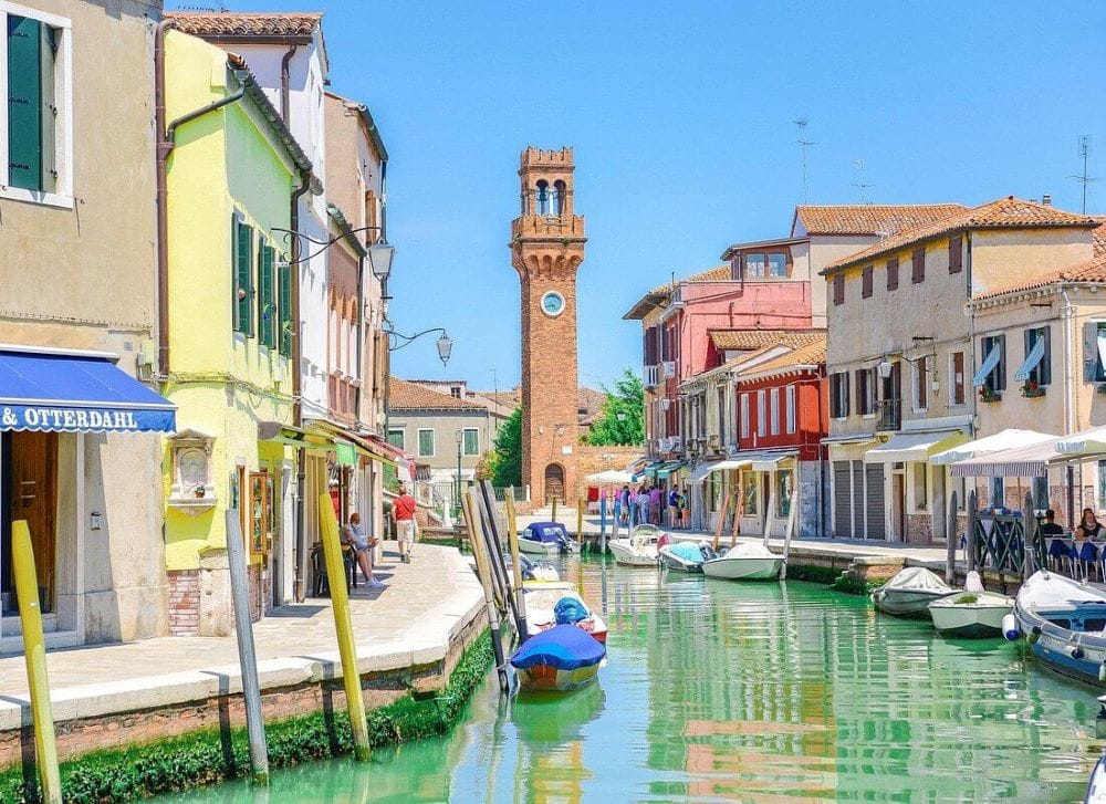 Tower and canal in Murano, Venice Italy