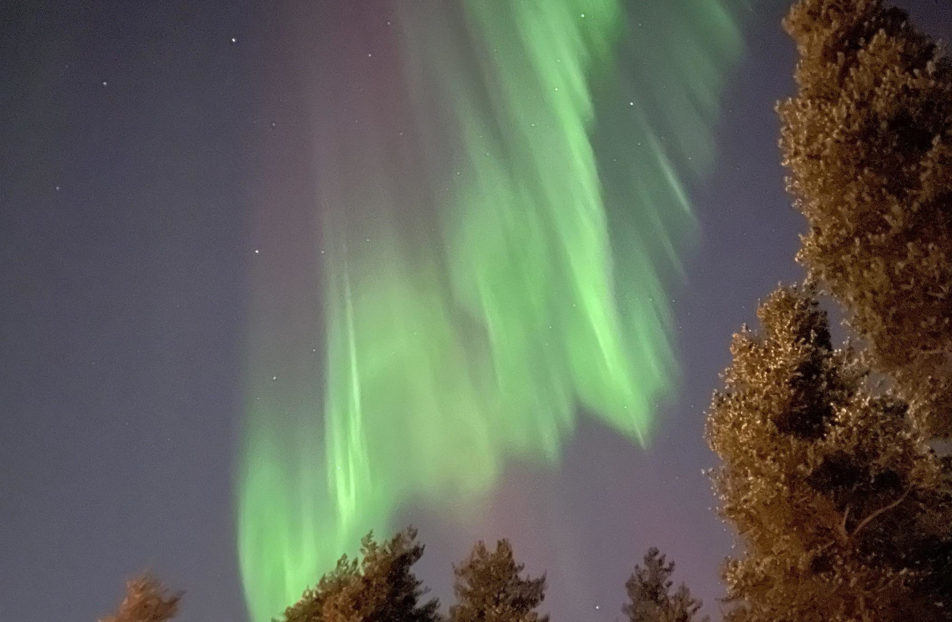 A calm night sky illuminated by bright aurora waves.