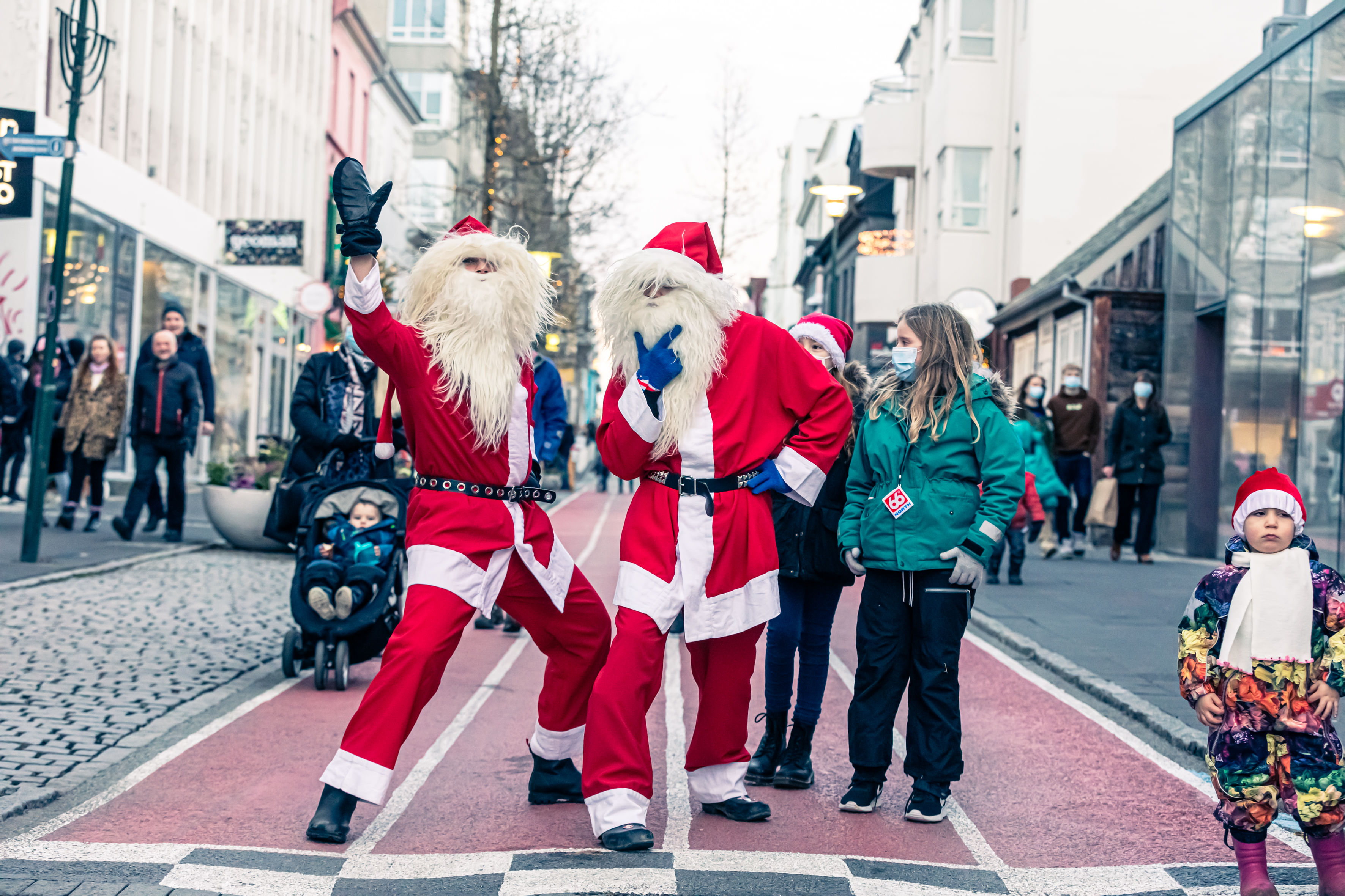 The Yulelads or Santa's of Iceland strolling downtown Reykjavik