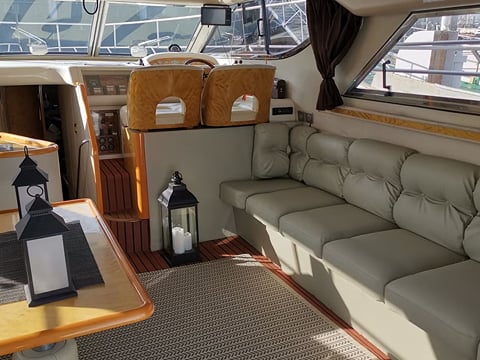 Inside of a luxurious yacht seating area