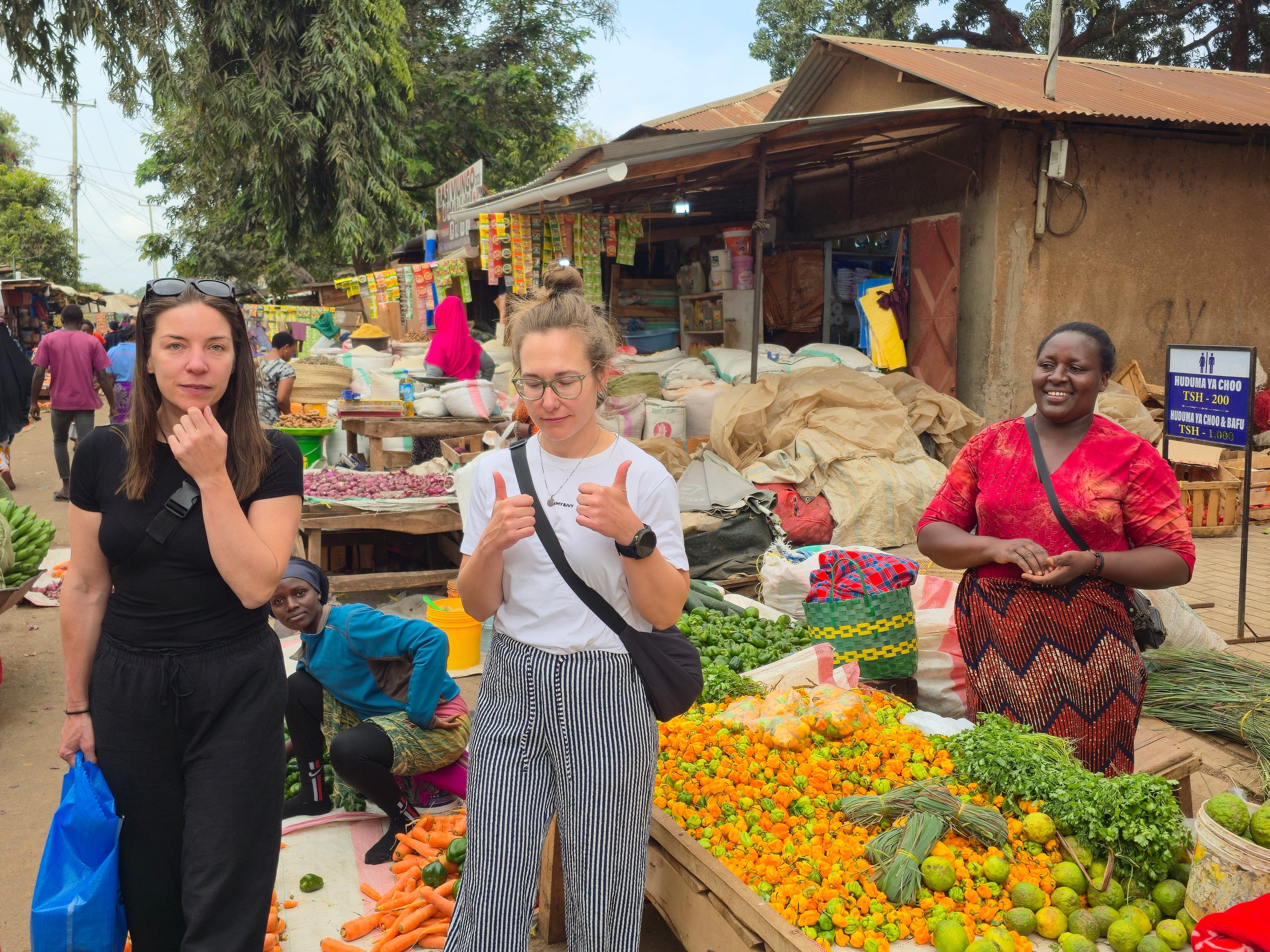 Travelers exploring local fresh food stalls at Manyema Market in Moshi