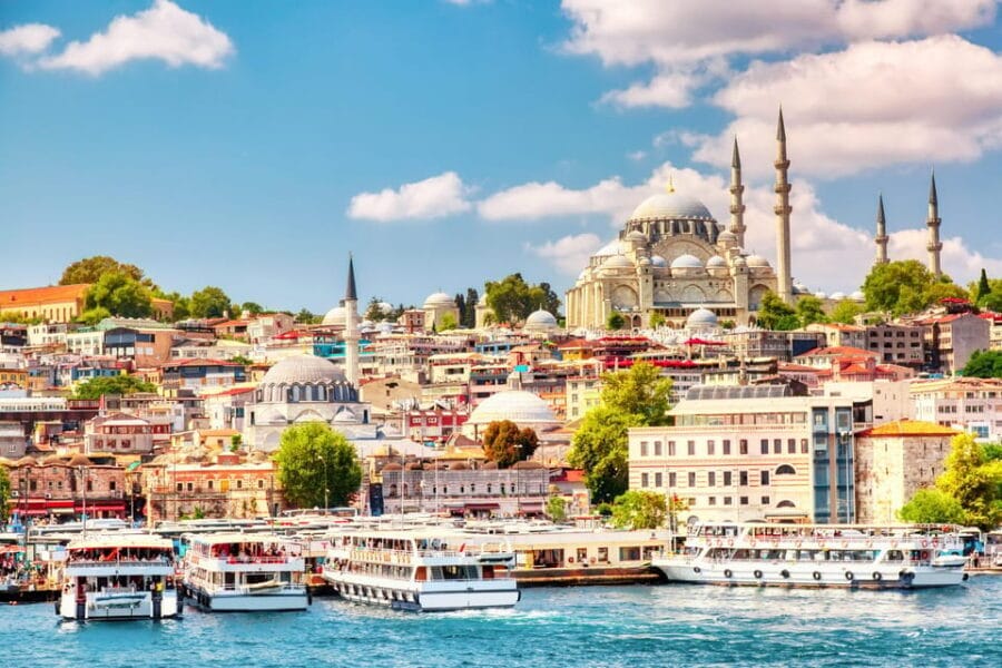 Istanbul waterfront panorama — colorful city views with the sea in the foreground.