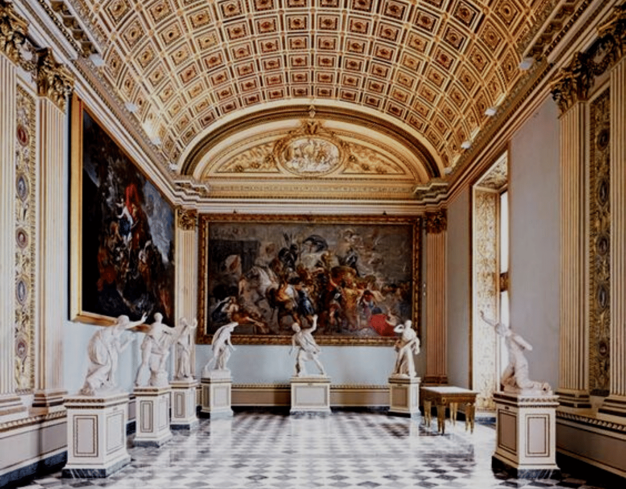 Paintings and sculptures on display inside the Uffizi Gallery 