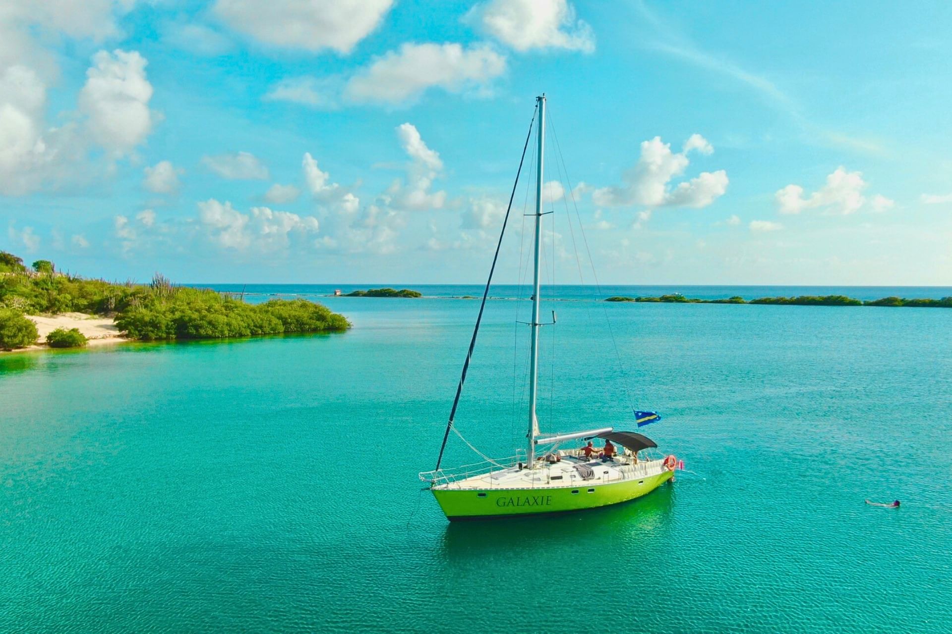 Sailing yacht Galaxie anchored at beautiful Fuik Bay in Curacao