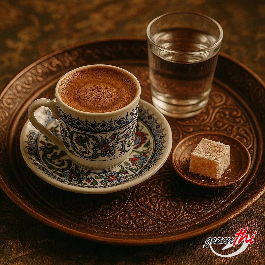 Traditional Turkish coffee served with water and delight