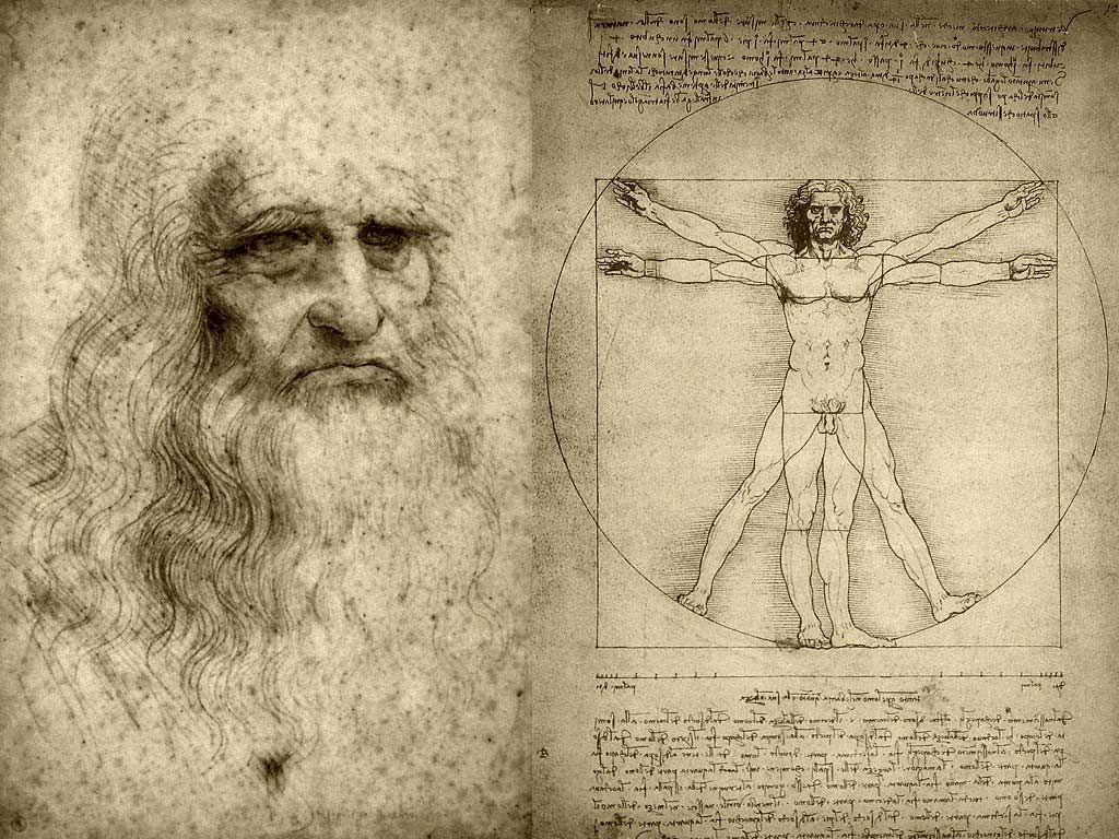 On the left a self-portait by Leonardo; on the right the drawing of the Vitruvian man by Leonardo