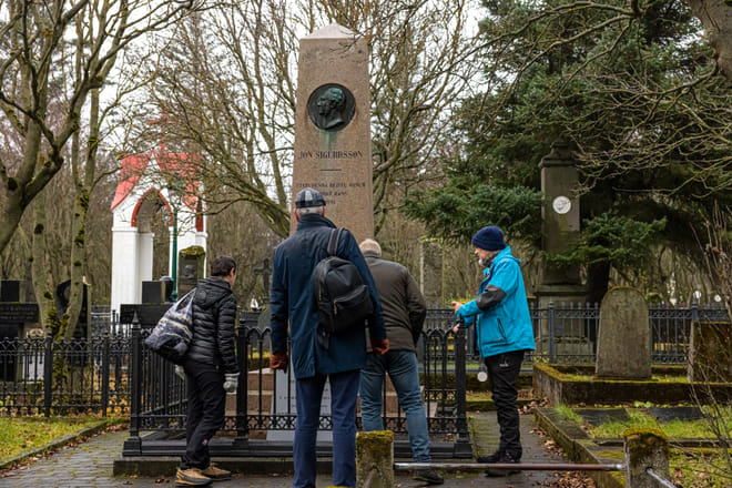 A Private Reykjavik Folklore Tour in front of the monument to Jon Sigurdsson, leader of the Icelandic independent movement