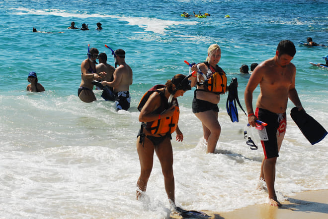 Guests walking out of the ocean after a beach snorkeling tour in Los Cabos