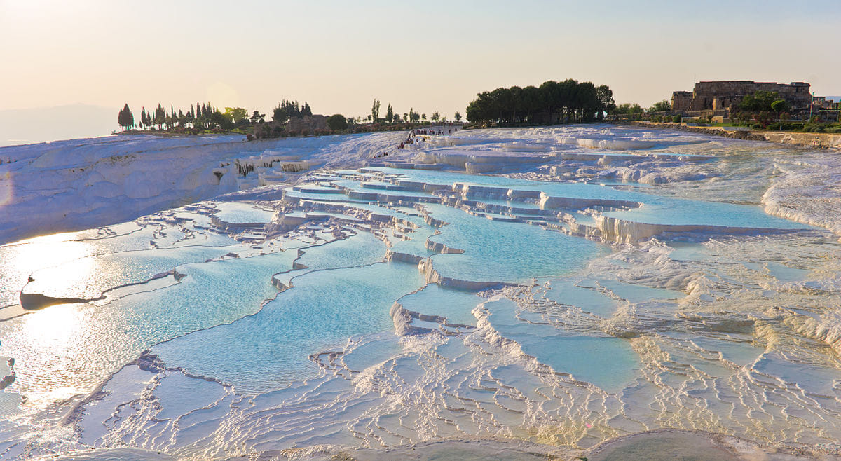 Pamukkale terraces — sparkling water over bright white mineral pools.