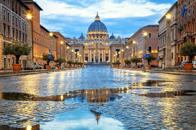 Panorama of Rome with a view of Basilica from St. Peter in the Vatican
