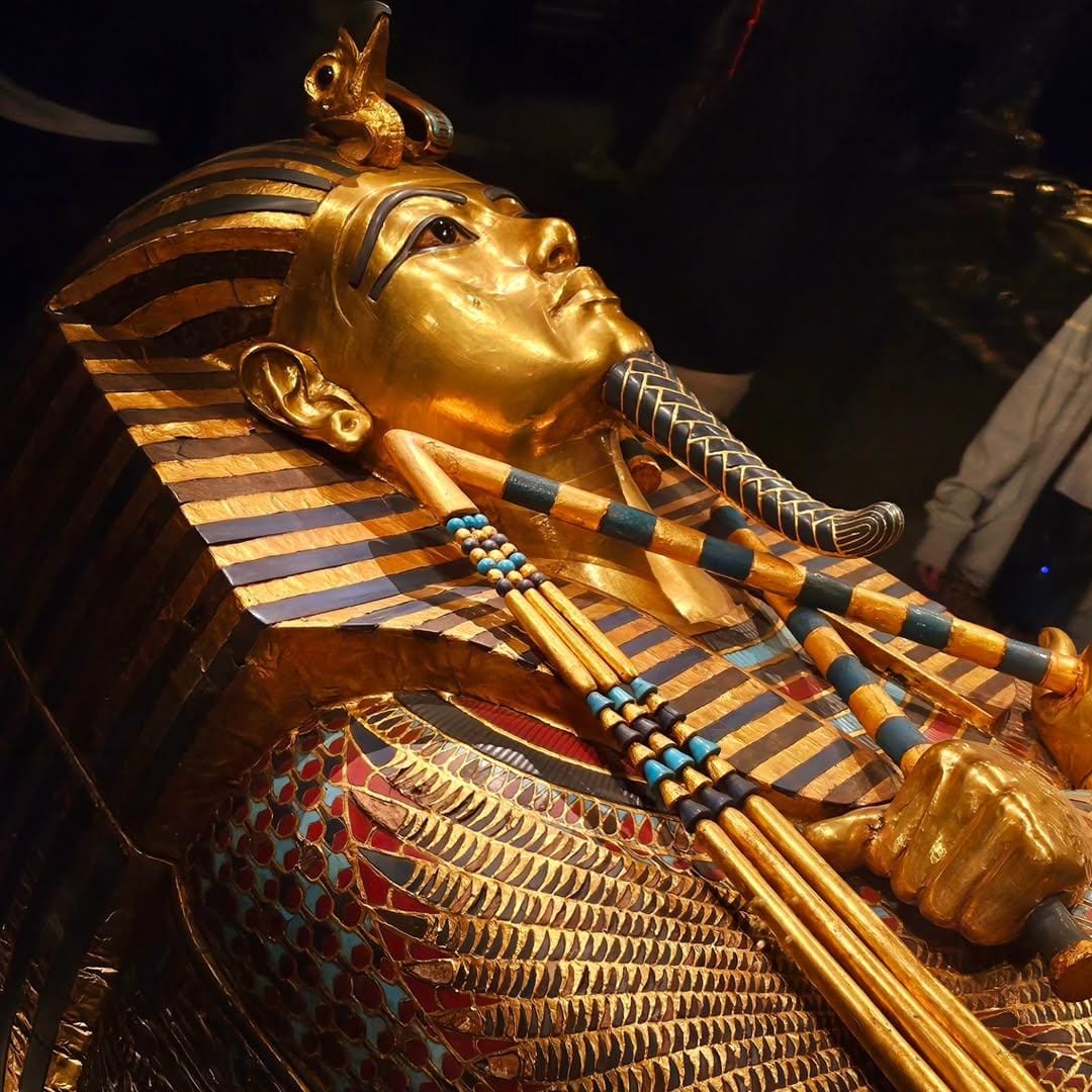 Golden sarcophagus of Tutankhamun at the Grand Egyptian Museum Cairo.