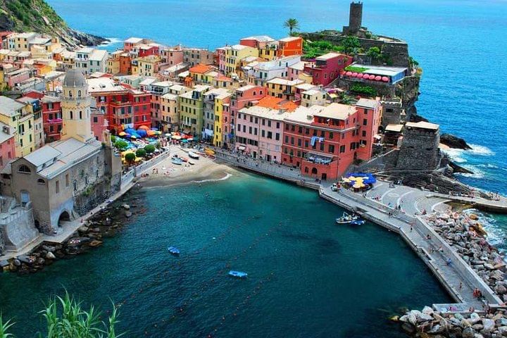 View of the coastal village of Manarola with its suggestive pastel coloured houses