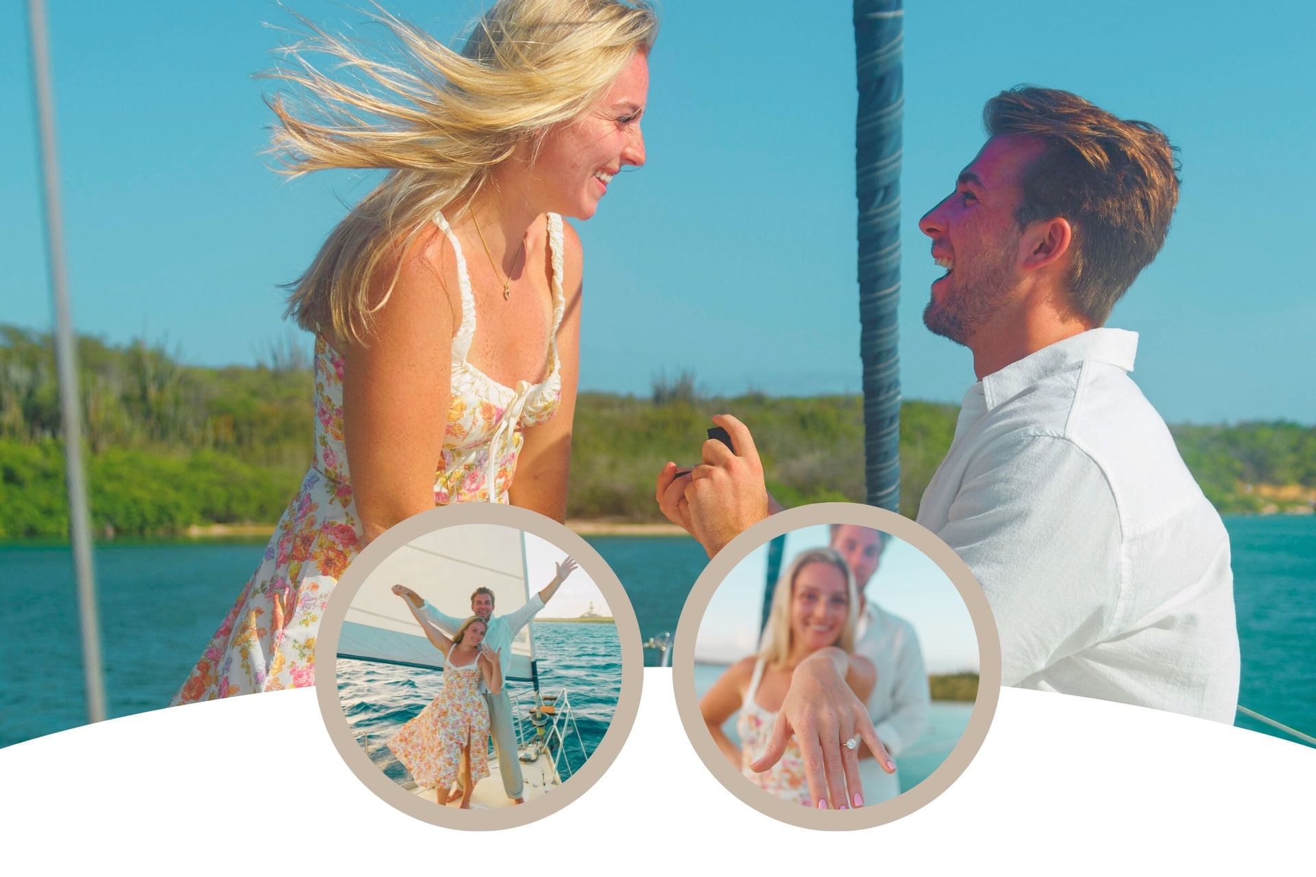 Happy couple celebrating engagement on sailing yacht with Maxie Sailing Curacao