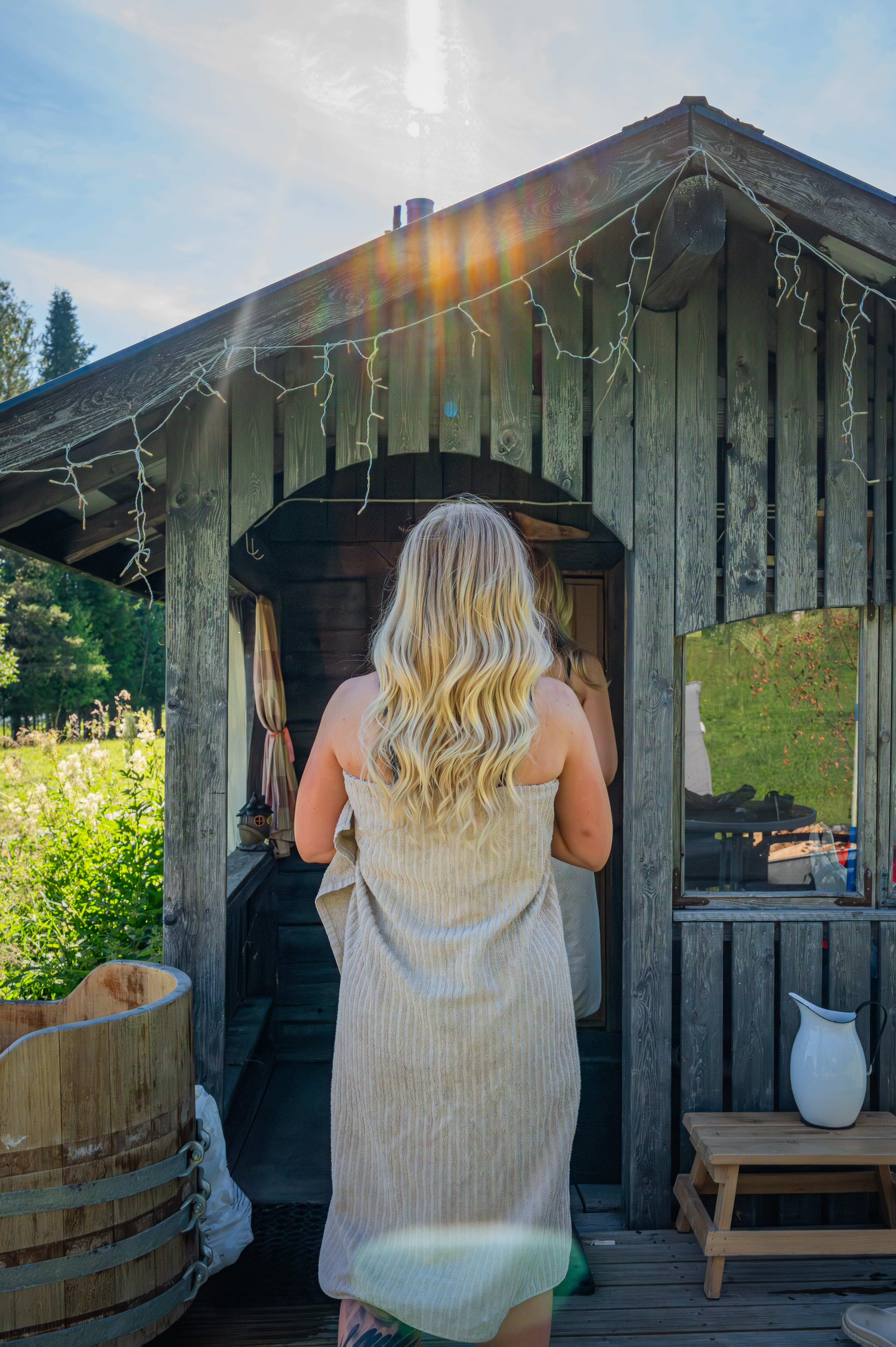 Traditional Finnish sauna experience in summer Rovaniemi