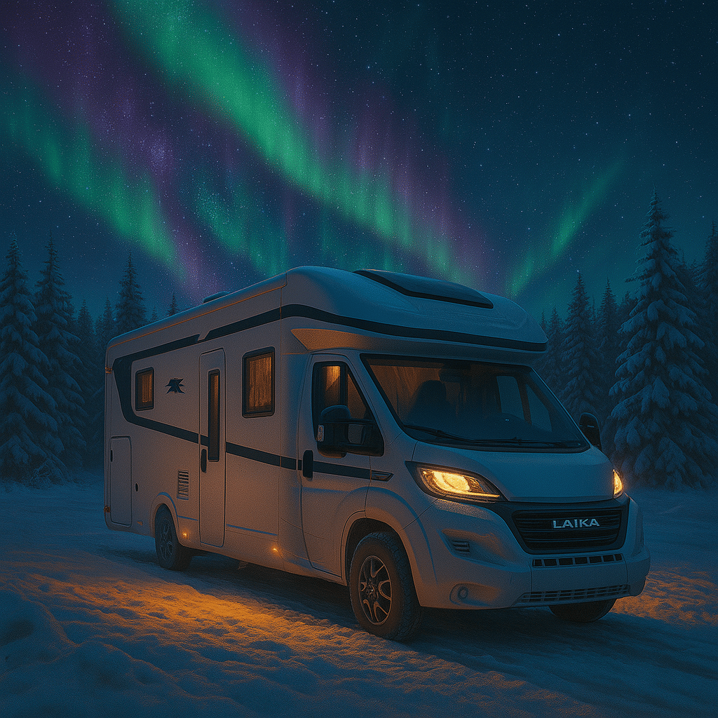 A modern Laika motorhome parked in snowy forest under the northern lights – part of an exclusive overnight Aurora experience in Lapland.