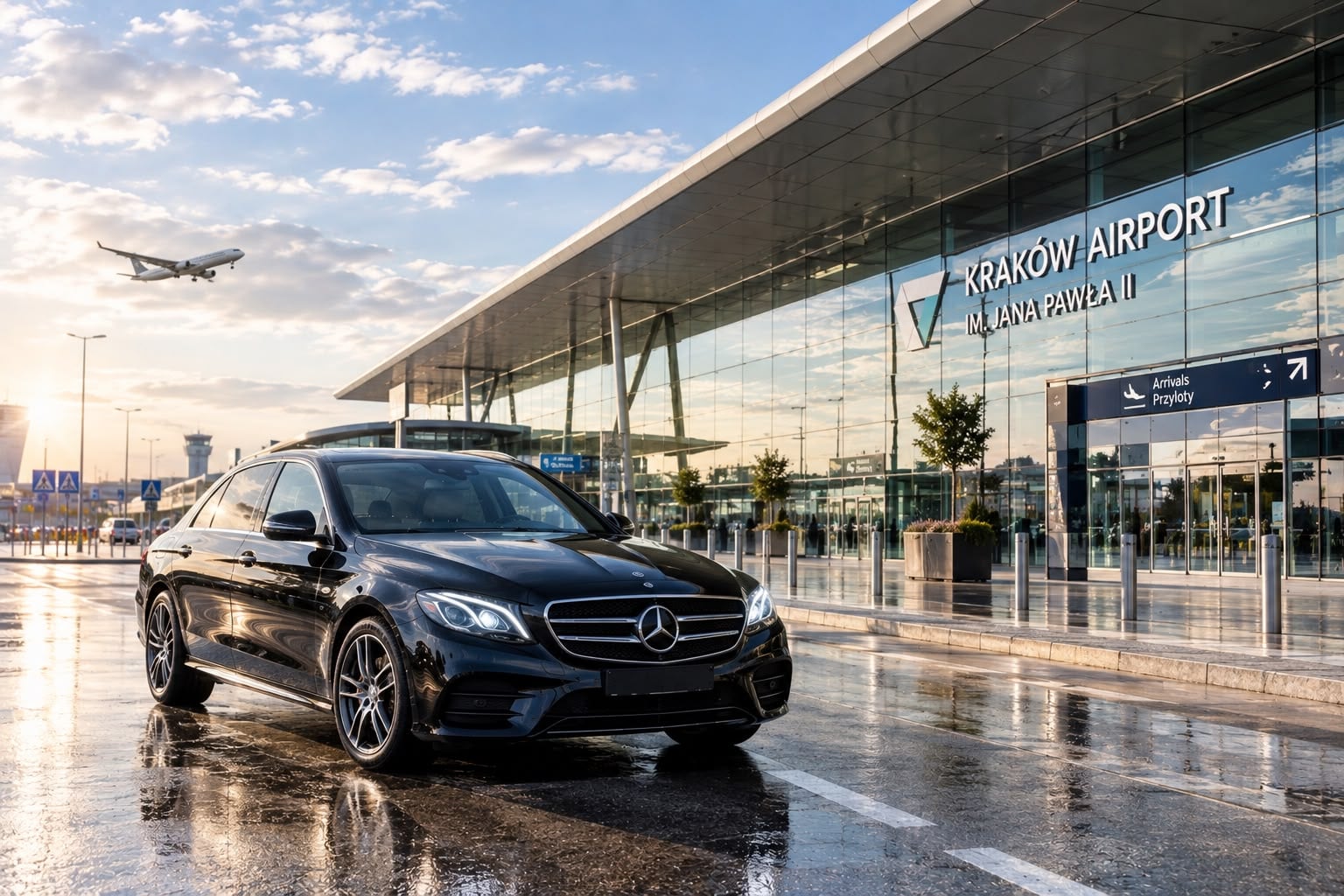 Luxury airport transfer Krakow Balice, black Mercedes sedan outside Krakow Airport terminal